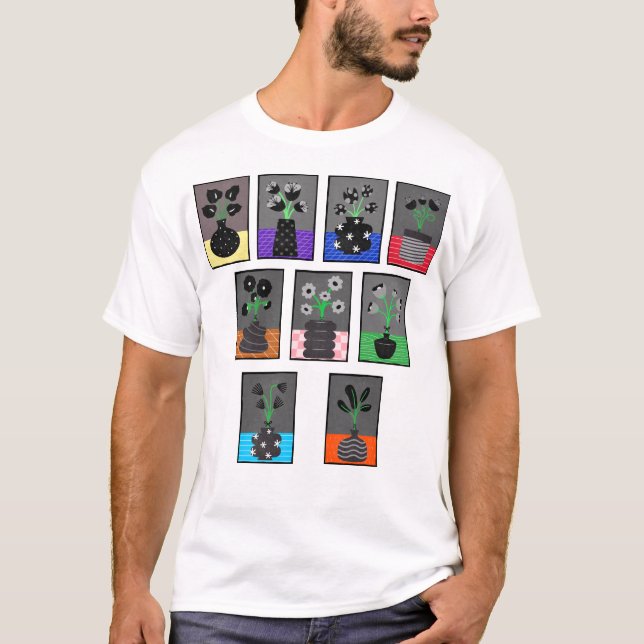 T-shirt Fleurs noires et blanches dans des vases noirs (Devant)