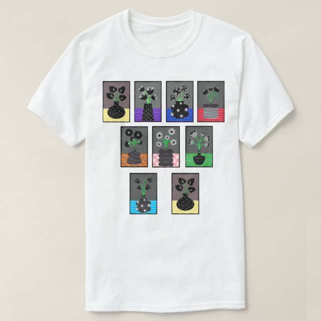 T-shirt Fleurs noires et blanches dans les vases noirs (Design devant)
