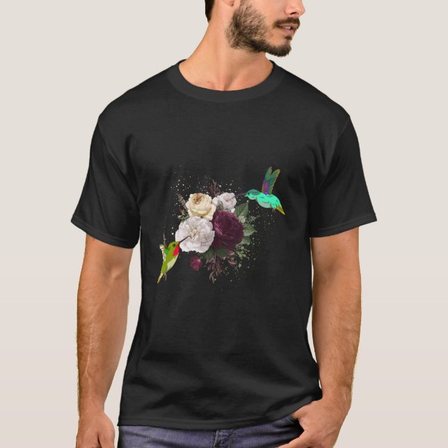 T-shirt Fleurs Oiseaux Animaux Roses Oiseaux de fleurs Col (Devant)