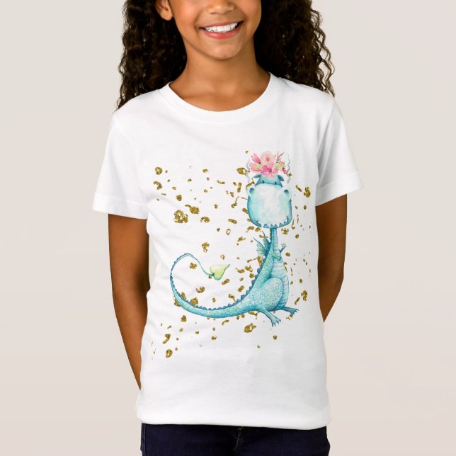 T-Shirt *~* Fleurs Parties scintillant Bleu Girly Dragon D (Devant)