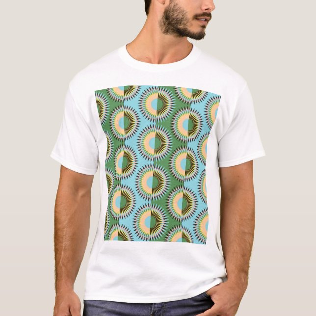 T-shirt Fleurs pliées : motif rétro bleu-vert. (Devant)