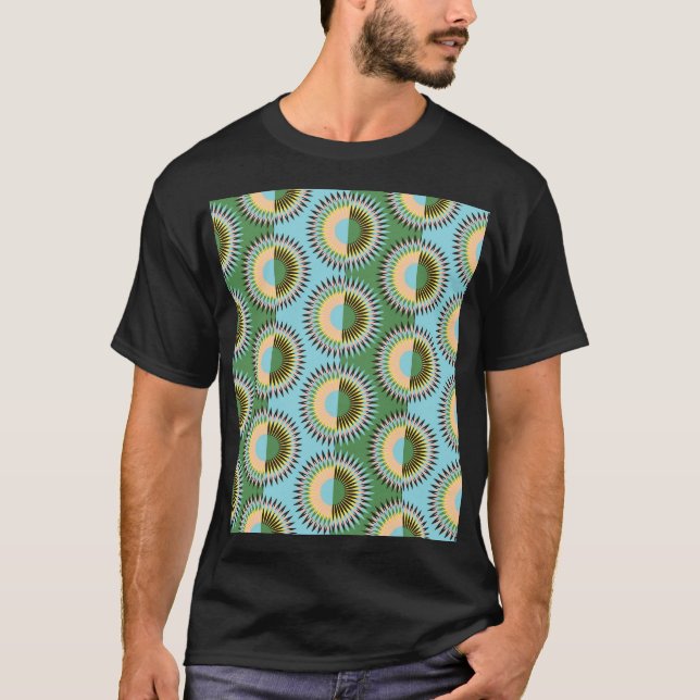 T-shirt Fleurs pliées : motif rétro bleu-vert. (Devant)