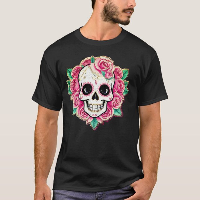 T-shirt Fleurs roses Coquette Rose crâne floral Squelette (Devant)