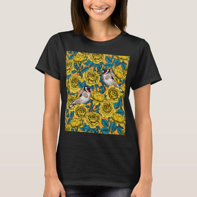 T-shirt Fleurs roses et oiseaux dorés (Devant)