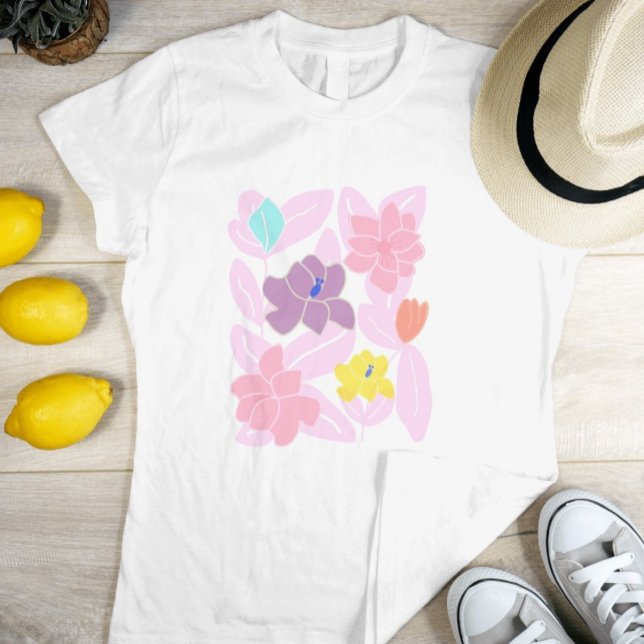 T-shirt Fleurs roses moderne jolie mode féminine (White pink floral t-shirt for women. Pretty watercolor pink yellow tshirt for fashion girls. )