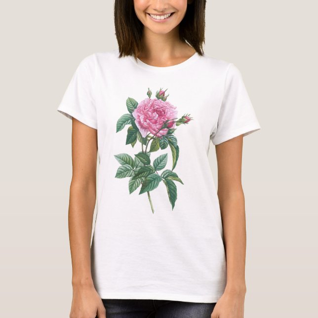 T-shirt Fleurs roses roses avec Feuilles verts (Devant)