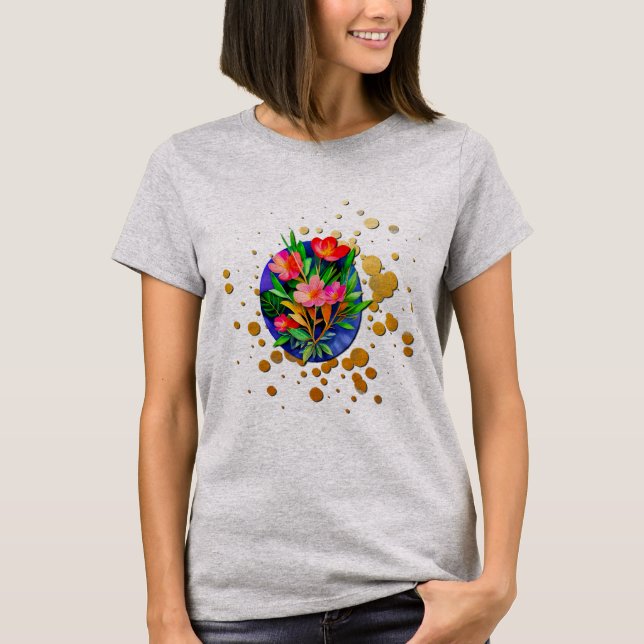 T-shirt Fleurs rouges, feuilles vertes et fond doré (Devant)