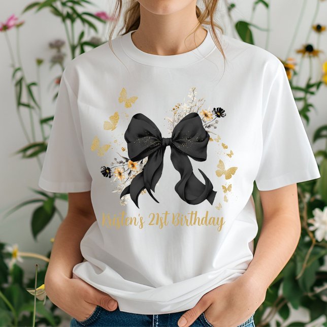 T-shirt Fleurs sauvages à arc noir Coquette Anniversaire  (Elegant Black Bow Wildflowers tshirt)