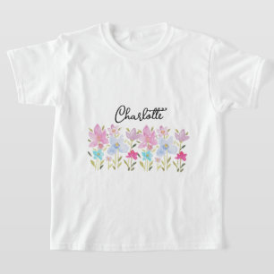 T-shirt Fleurs sauvages aquarelle rose clair monogrammées