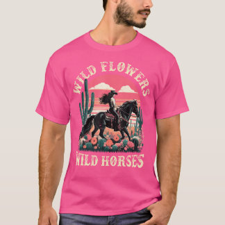 T-shirt Fleurs sauvages-Chevaux sauvages Cowgirl au couche