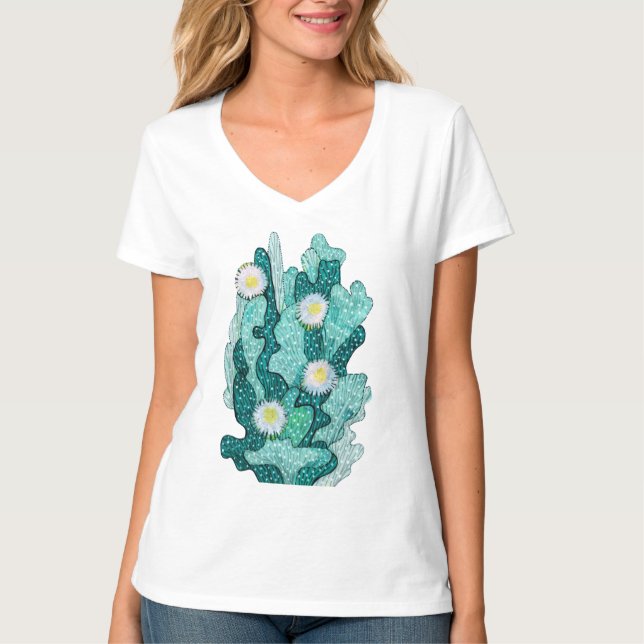 T-shirt Fleurs Succulentes de Cactus Floral Turquoise (Devant)