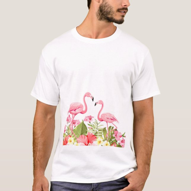 T-shirt Fleurs tropicales et design de flamants roses (Devant)
