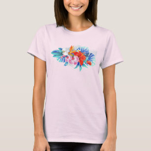 T-shirt Fleurs tropicales exotiques en rose et turquoise