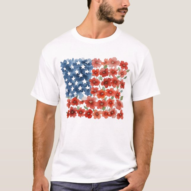 T-shirt Fleurs USA Drapeau Patriotique Quatrième 4 juillet (Devant)
