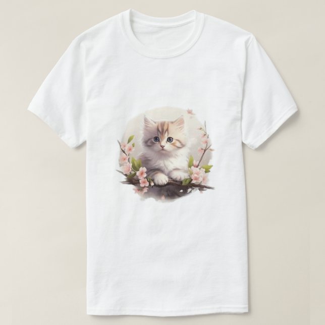 T-Shirt Flocons de Chat avec Fleurs Roses Aquarell (Design devant)