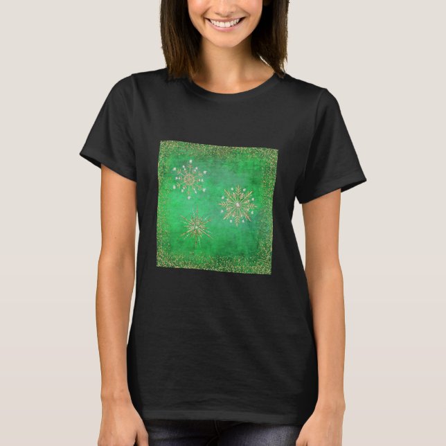 T-shirt Flocons de Noël Vert & Paillettes Dorées (Devant)
