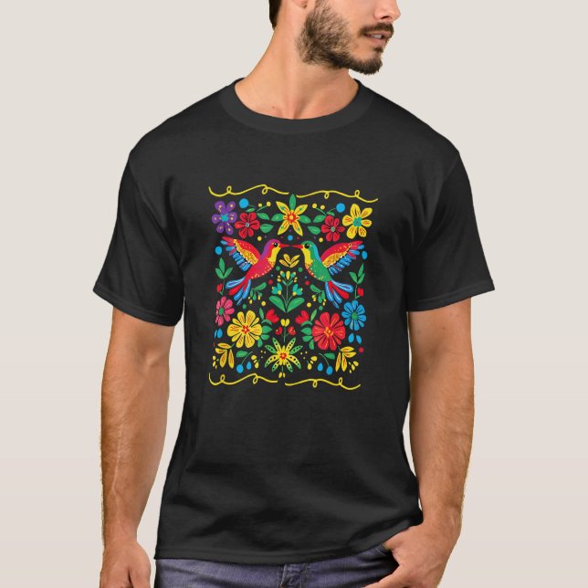 T-shirt Floral Bird Otomi Mexican Style Mexicano Mexicana  (Devant)