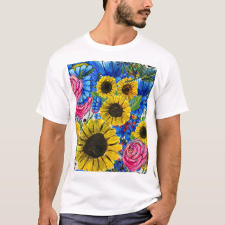 T-shirt Floral bleu jaune rose sans joint
