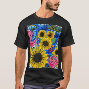 T-shirt Floral bleu jaune rose sans joint