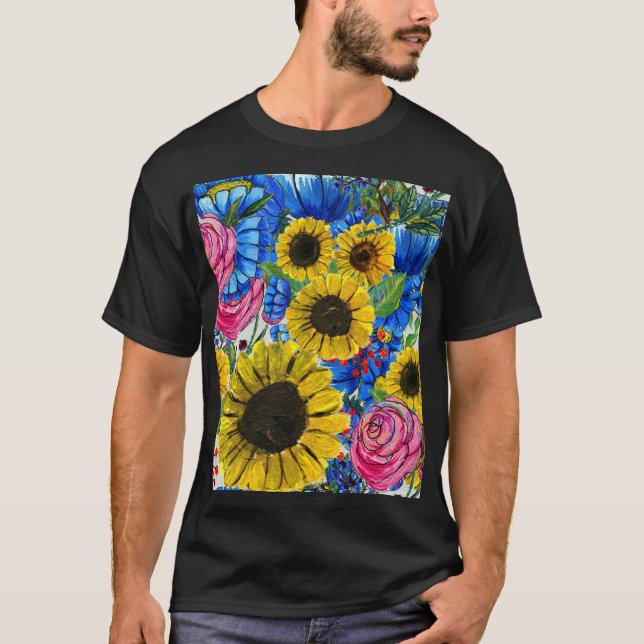 T-shirt Floral bleu jaune rose sans joint (Devant)
