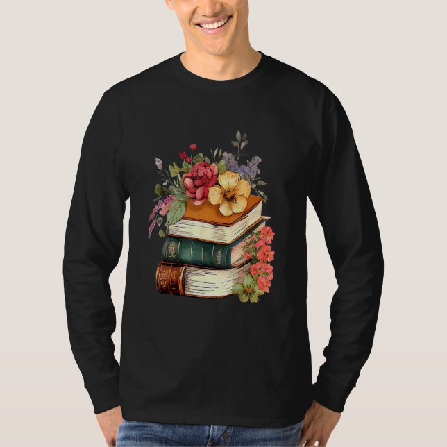 T-shirt Floral Book Stack Reading Book  Old Books Flowers (Devant)