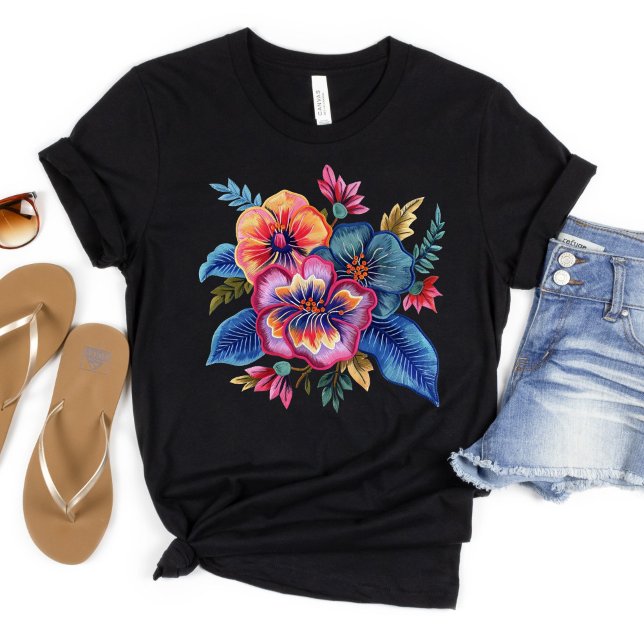 T-shirt Floral Bouquet Faux Embroidery Yarn Design (Bright Florals Faux Yarn Embroidery Flowers on this Women's T-shirt. Available in many styles, color)