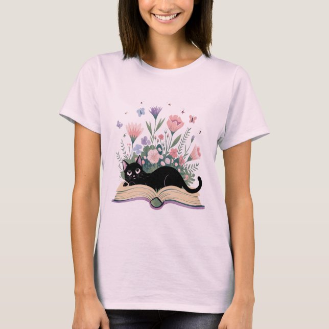 T-shirt Floral Cat Shirt, Cat Lover T-shirt, Cat Book (Devant)