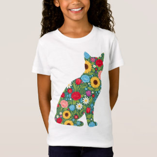 T-Shirt Floral Cat Silhouette Bloom Pattern