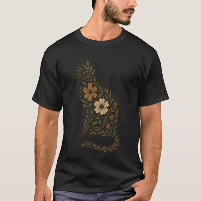 T-shirt Floral Cat Silhouette — Folk Botanical in Earth To (Devant)