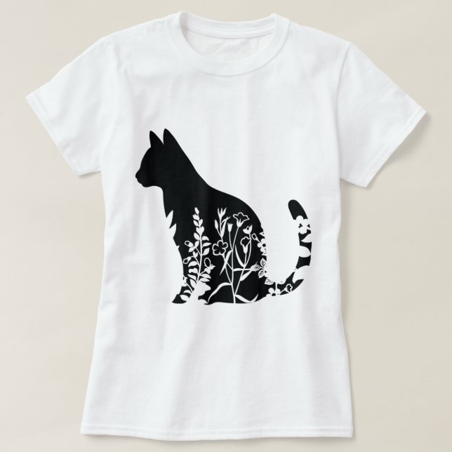 T-shirt Floral Cat Silhouette Minimalist Design (Design devant)