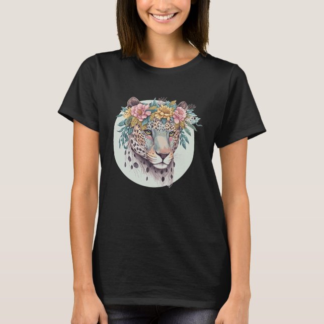 T-shirt Floral Jaguar Flower Crown Watercolor Animal (Devant)