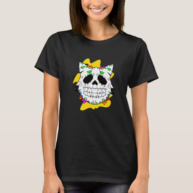 T-shirt Floral Mexican Cat Day of the Dead Dia De Muertos  (Devant)