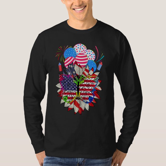 T-shirt Floral Monarch Butterfly American Flag 4th Of July (Devant)