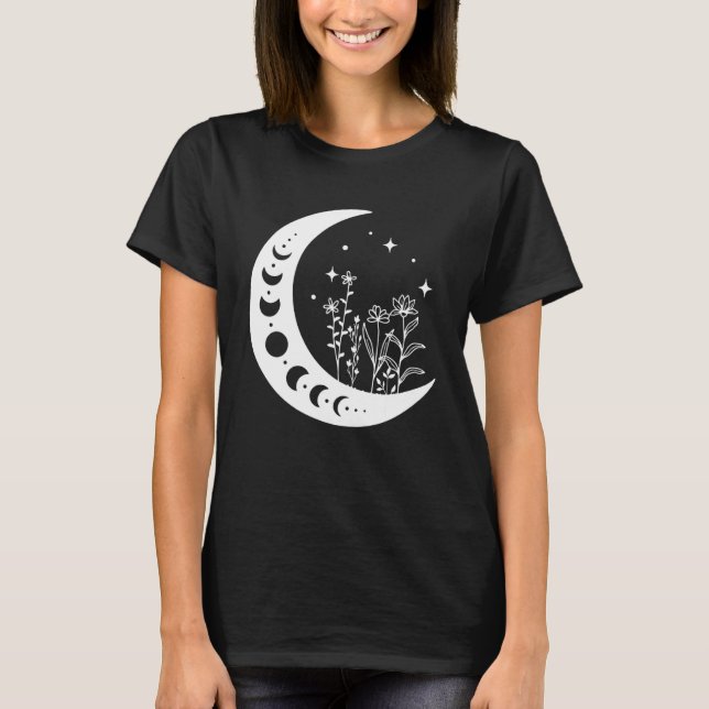 T-shirt Floral Moon, Boho, Floral Moon Flowers Crescent Co (Devant)