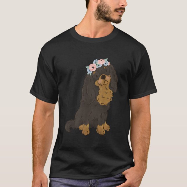 T-shirt Floral Noir Et Tan Cavalier King Charles Spaniel (Devant)