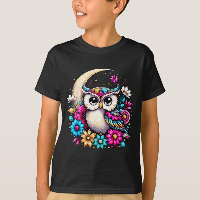 T-shirt Floral Owl And Moon  (Devant)