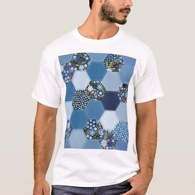 T-shirt Floral, patchwork de denim : motif bleu. (Devant)