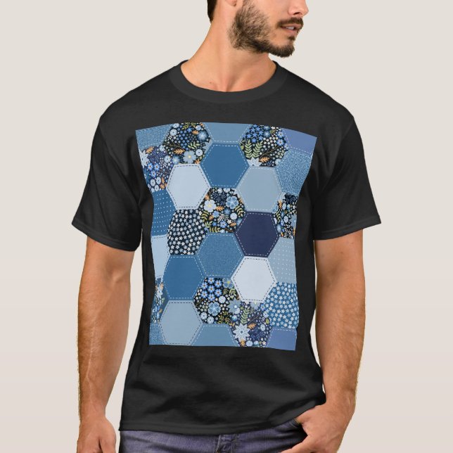 T-shirt Floral, patchwork de denim : motif bleu. (Devant)