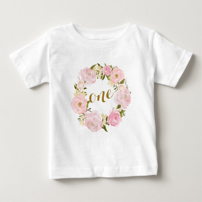 T-shirt floral rose de premier anniversaire (Devant)