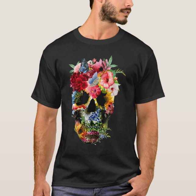 T-shirt Floral Skull Dead Sugar Skull For Women Flower Sku (Devant)