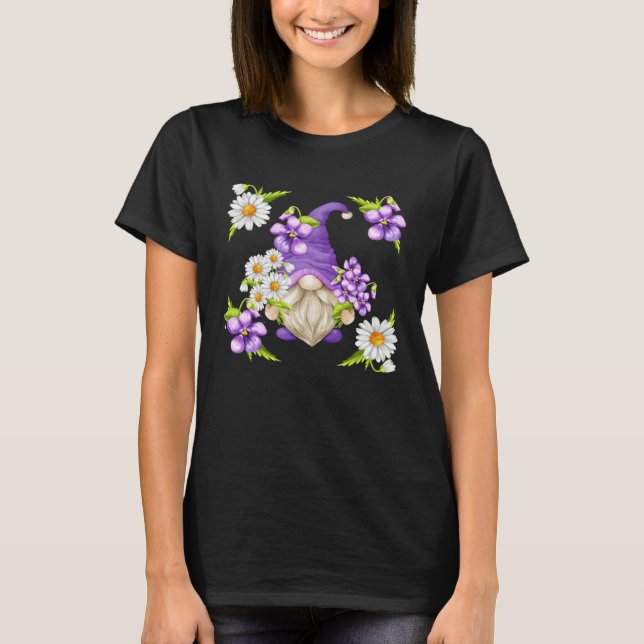 T-shirt Floral Sommer Graphic For Women Purple Gnome Daisy (Devant)