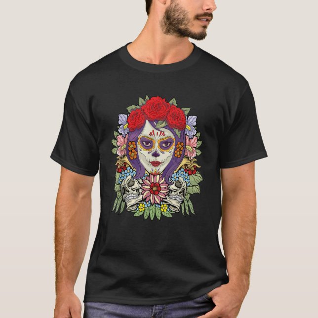 T-shirt Floral Sugar Skull Dia De Muertos Women (Devant)