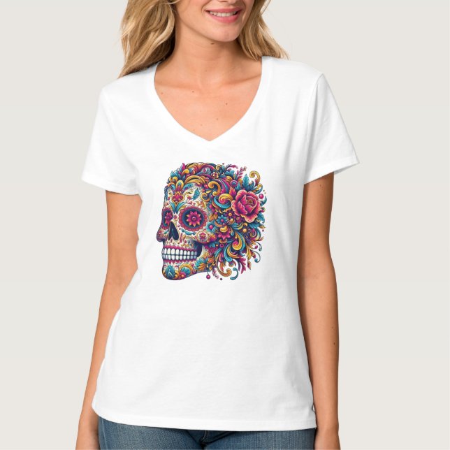T-shirt Floral Sugar Skull Side Profile Mexican Art (Devant)