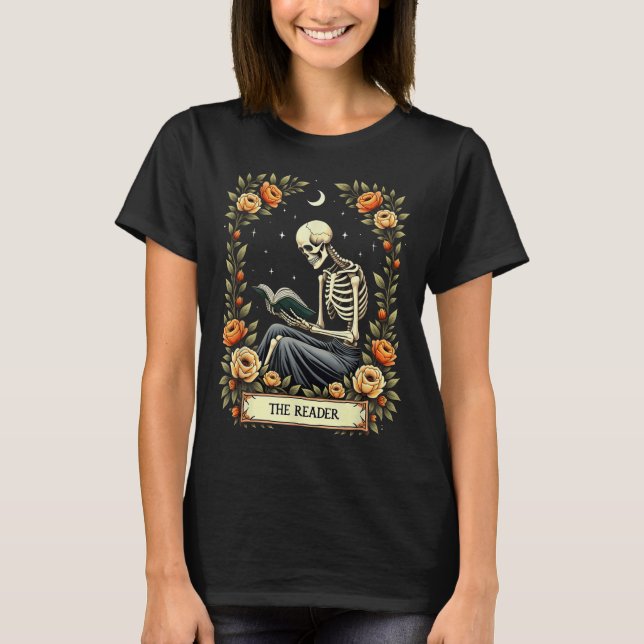 T-shirt Floral Tarot Card The Reader Skeleton Reading Book (Devant)
