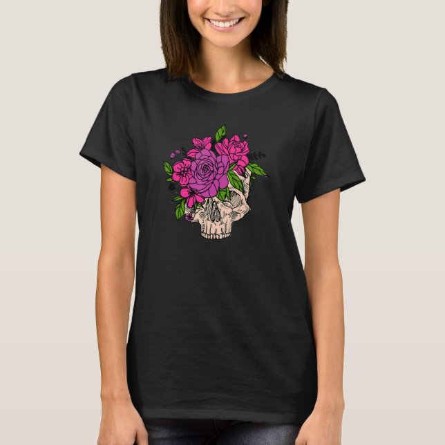 T-shirt Floral Violet Noir Sugar Crâne Fleur Et Jardin (Devant)