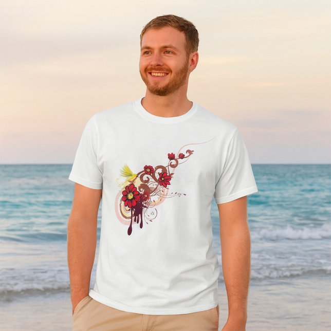 T-shirt Flore avec fleurs rouges et colibri (Créateur téléchargé)