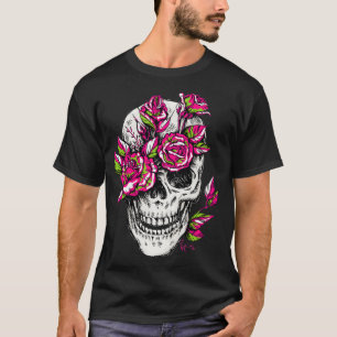 T-shirt Flore du crâne Rose d'os floraux Squelette Cool go
