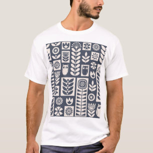 T-shirt Flore scandinave : Blanc, Bleu, Minimaliste.