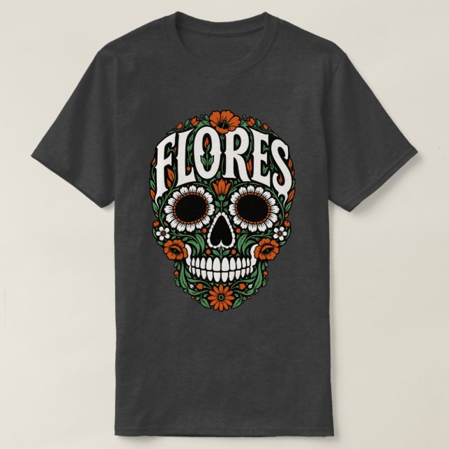 T-shirt flores nom de famille crâne de sucre (Design devant)