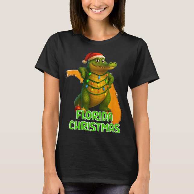 T-shirt Florida Christmas Alligator Wearing Santa Hat Vaca (Devant)